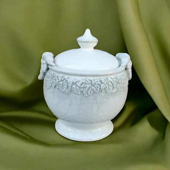 Fall Leaf Embossed Porcelain Crackle Glaze Small Covered Dish Storage Vanity Jar - Picture 5 of 10